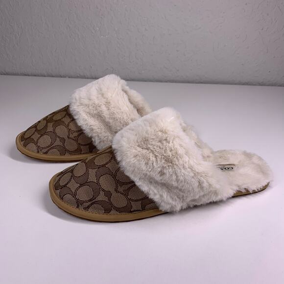 COACH‎ Khaki Tan Signature Jacquard Vegan Sherpa Ziva Slipper Size 9 - Picture 1 of 10
